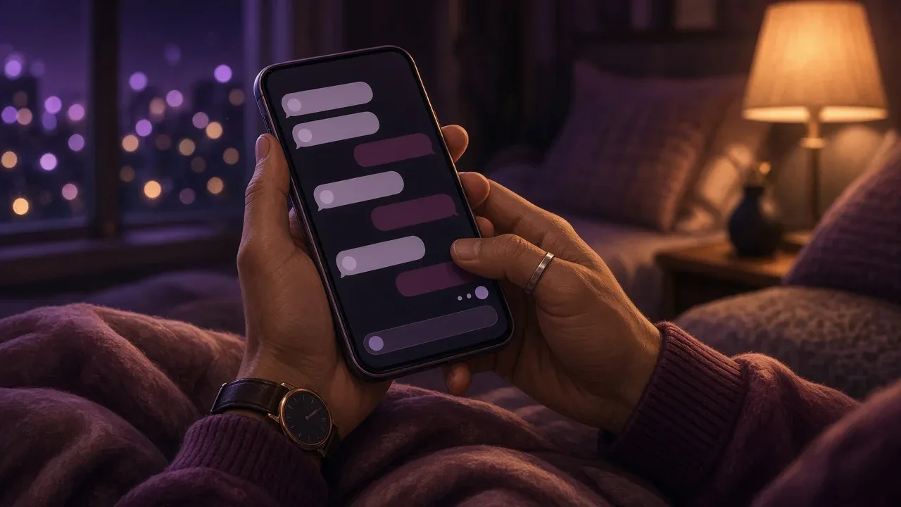 Mãos de um adulto segurando o celular com uma conversa de chat na tela, num quarto à meia-luz com abajur aceso e cidade desfocada na janela