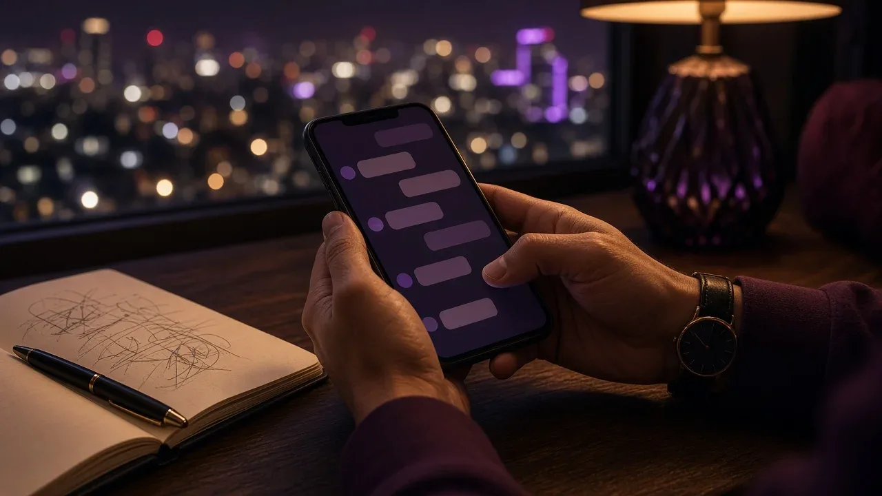 Tela de celular com uma conversa de roleplay em português ao lado de um caderno de anotações, à noite, com luzes de São Paulo desfocadas ao fundo