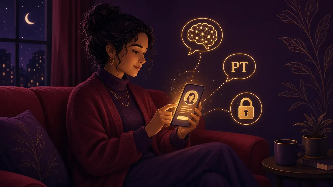 Ilustração de pessoa adulta criando um personagem de IA no celular, com ícones de memória, idioma português e cadeado de privacidade.
