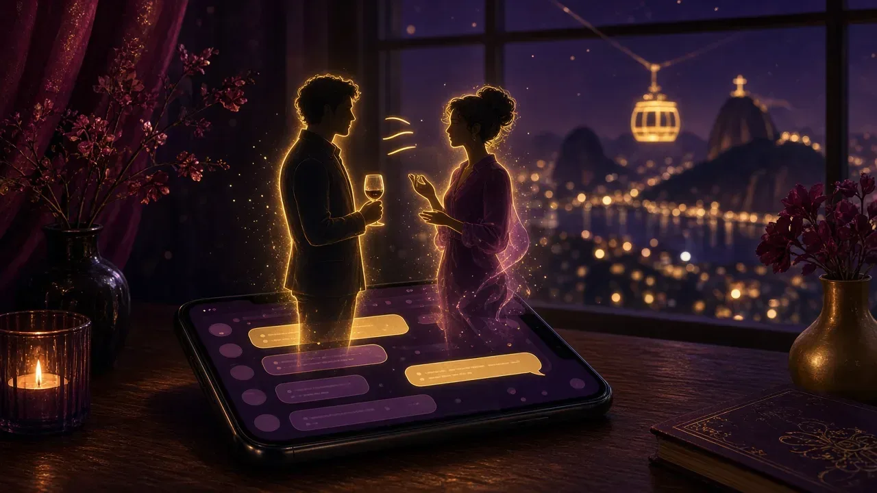 Ilustração noturna em tons de vinho, roxo e dourado: celular sobre a mesa com conversa de chat e dois personagens adultos saindo da tela, com o Rio ao fundo.