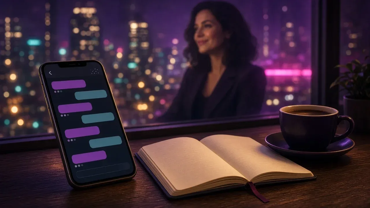 Celular sobre uma mesa à noite com uma conversa de chat na tela e luzes neon de São Paulo desfocadas na janela ao fundo