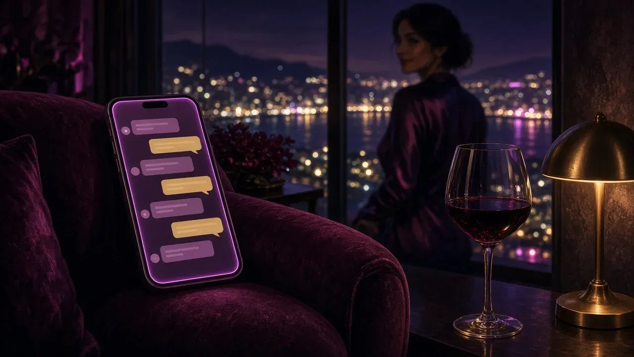 Celular com conversa de chat na tela sobre poltrona de veludo, ao lado de taça de vinho e abajur dourado, com luzes da cidade à noite na janela